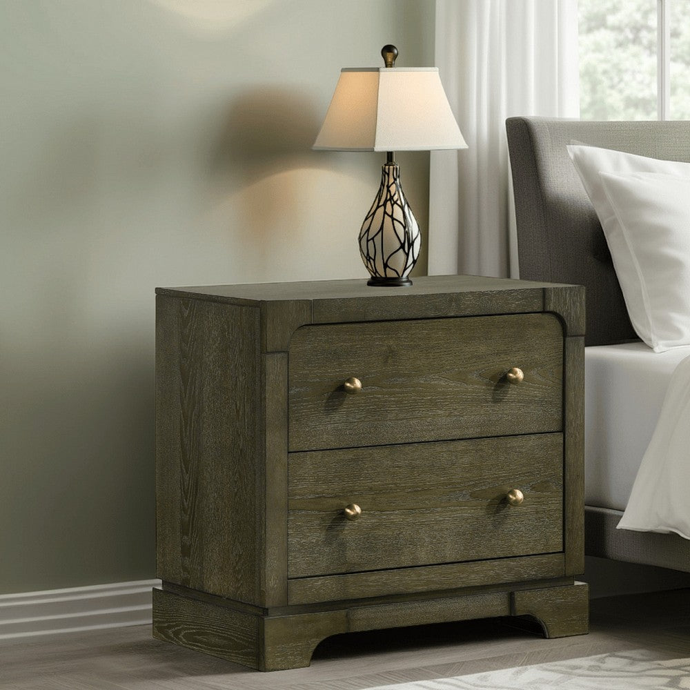 Benjara Seon Nightstand, 2 Drawers with Brass Knobs, Dark Cocoa Brown Wood