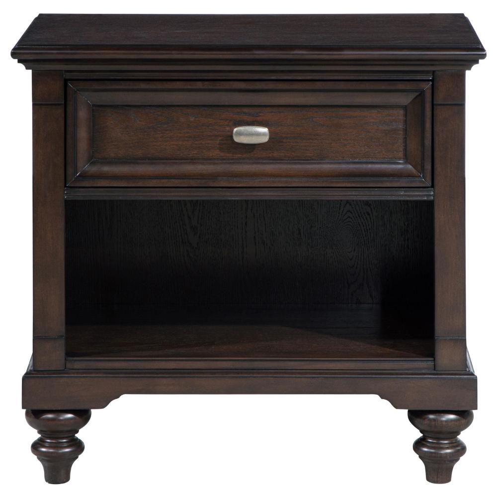 Benjara Meon Nightstand w Drawer And Open Cubby Shelf, Dark Oak Brown Wood