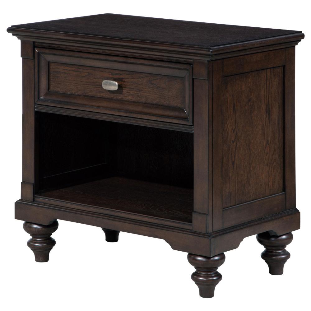 Benjara Meon Nightstand w Drawer And Open Cubby Shelf, Dark Oak Brown Wood