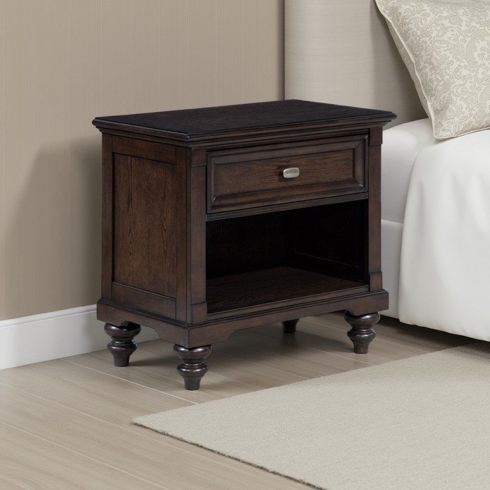 Benjara Meon Nightstand w Drawer And Open Cubby Shelf, Dark Oak Brown Wood