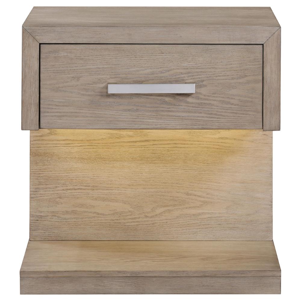 Benjara Keno Nightstand, 27 Inch Brown Acacia Wood, Storage Drawer, LED Light