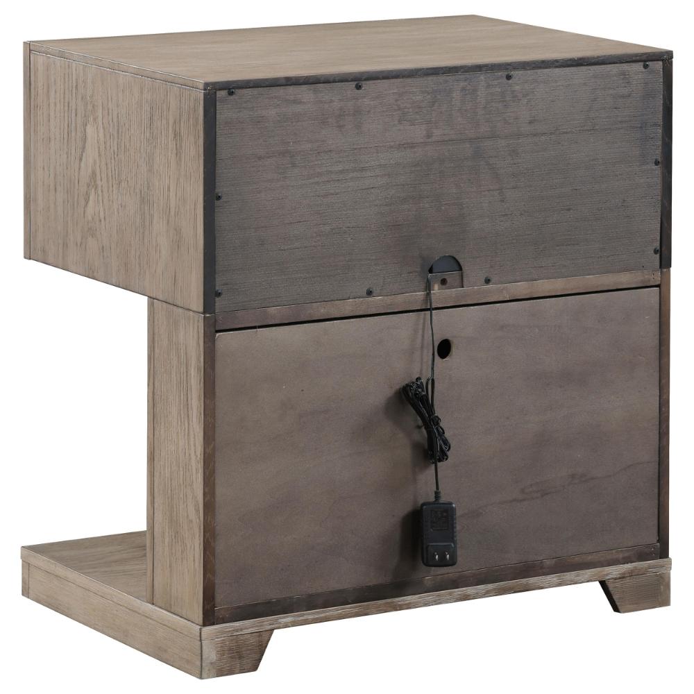 Benjara Keno Nightstand, 27 Inch Brown Acacia Wood, Storage Drawer, LED Light