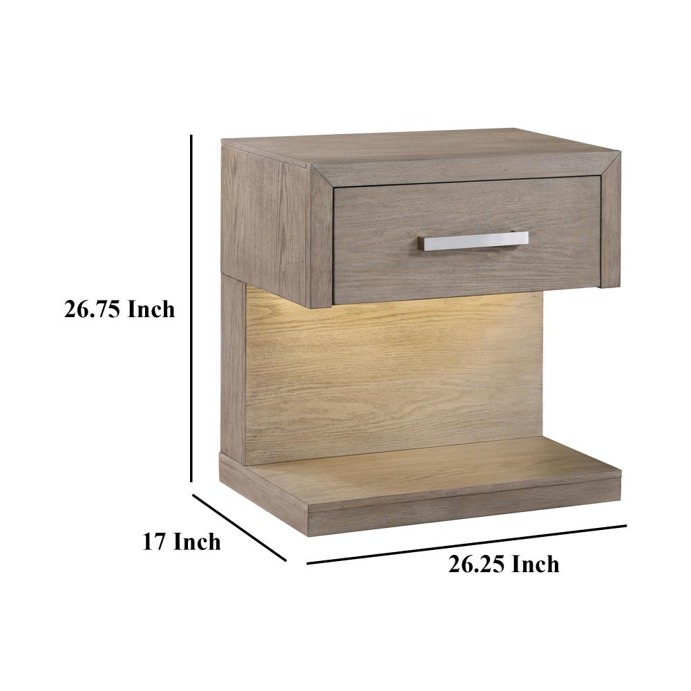Benjara Keno Nightstand, 27 Inch Brown Acacia Wood, Storage Drawer, LED Light