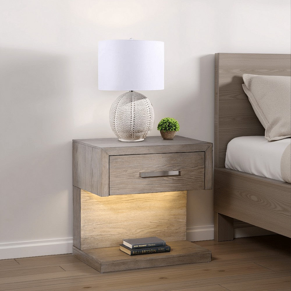 Benjara Keno Nightstand, 27 Inch Brown Acacia Wood, Storage Drawer, LED Light