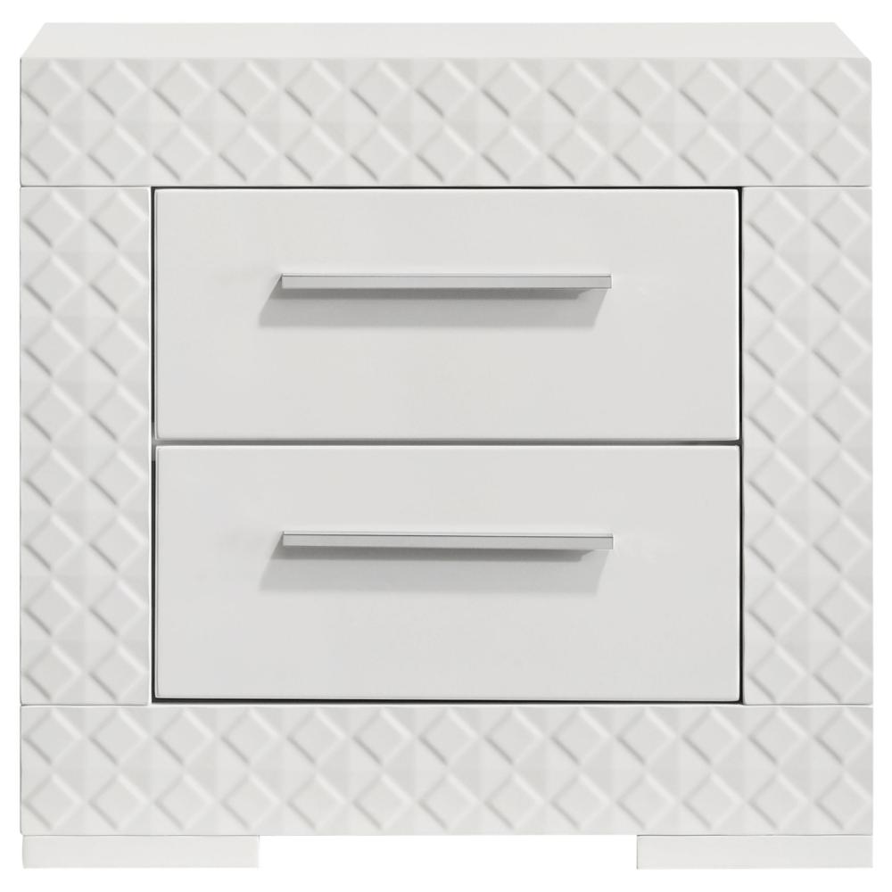 Benjara Ivon Nightstand, 2 Drawers, 26 Inch Modern Glossy White Solid Hardwood
