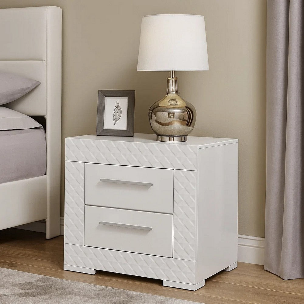 Benjara Ivon Nightstand, 2 Drawers, 26 Inch Modern Glossy White Solid Hardwood