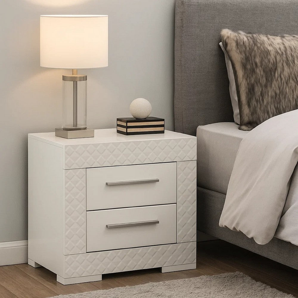 Benjara Ivon Nightstand, 2 Drawers, 26 Inch Modern Glossy White Solid Hardwood
