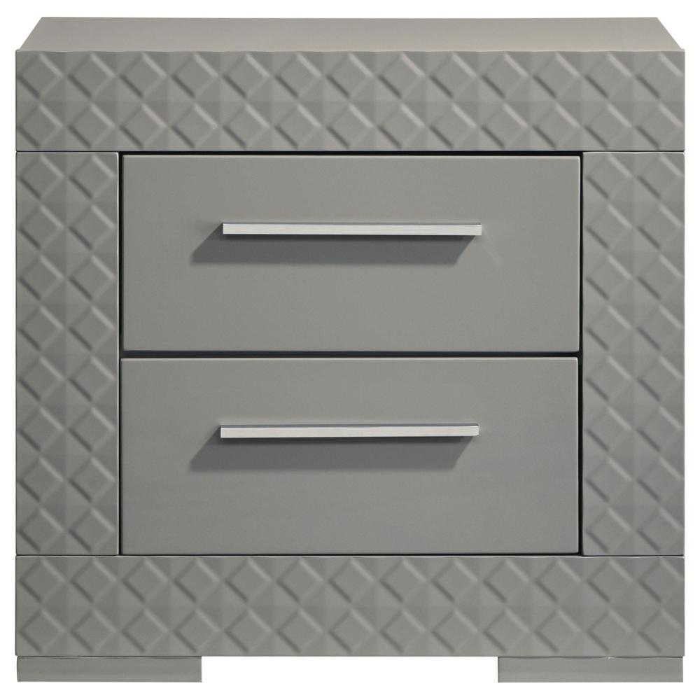 Benjara Ivon Nightstand, 2 Storage Drawers, 26 Inch Glossy Gray Hardwood