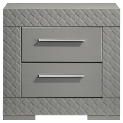 Benjara Ivon Nightstand, 2 Storage Drawers, 26 Inch Glossy Gray Hardwood