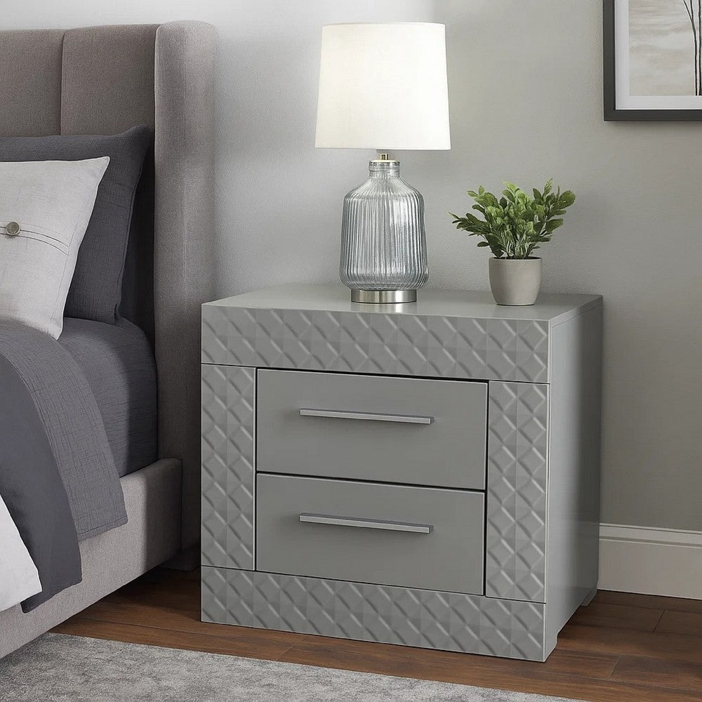 Benjara Ivon Nightstand, 2 Storage Drawers, 26 Inch Glossy Gray Hardwood