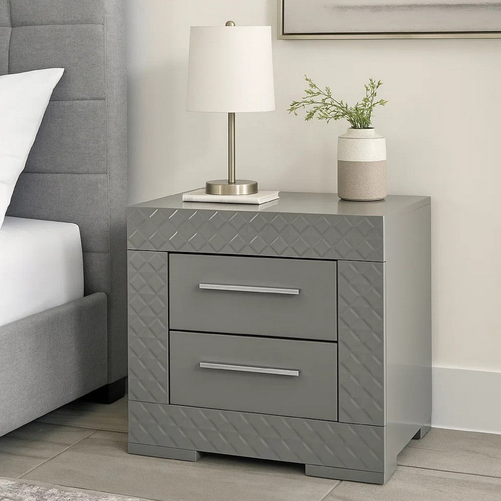 Benjara Ivon Nightstand, 2 Storage Drawers, 26 Inch Glossy Gray Hardwood