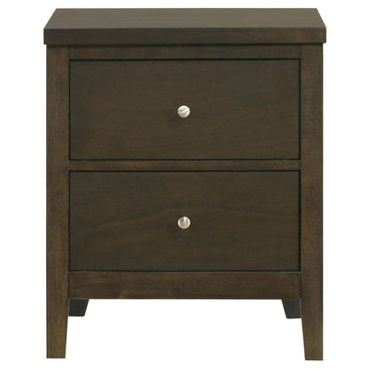 Benjara Wily Nightstand, Dark Brown Wood, 2 Drawers with Round Nickel Knobs