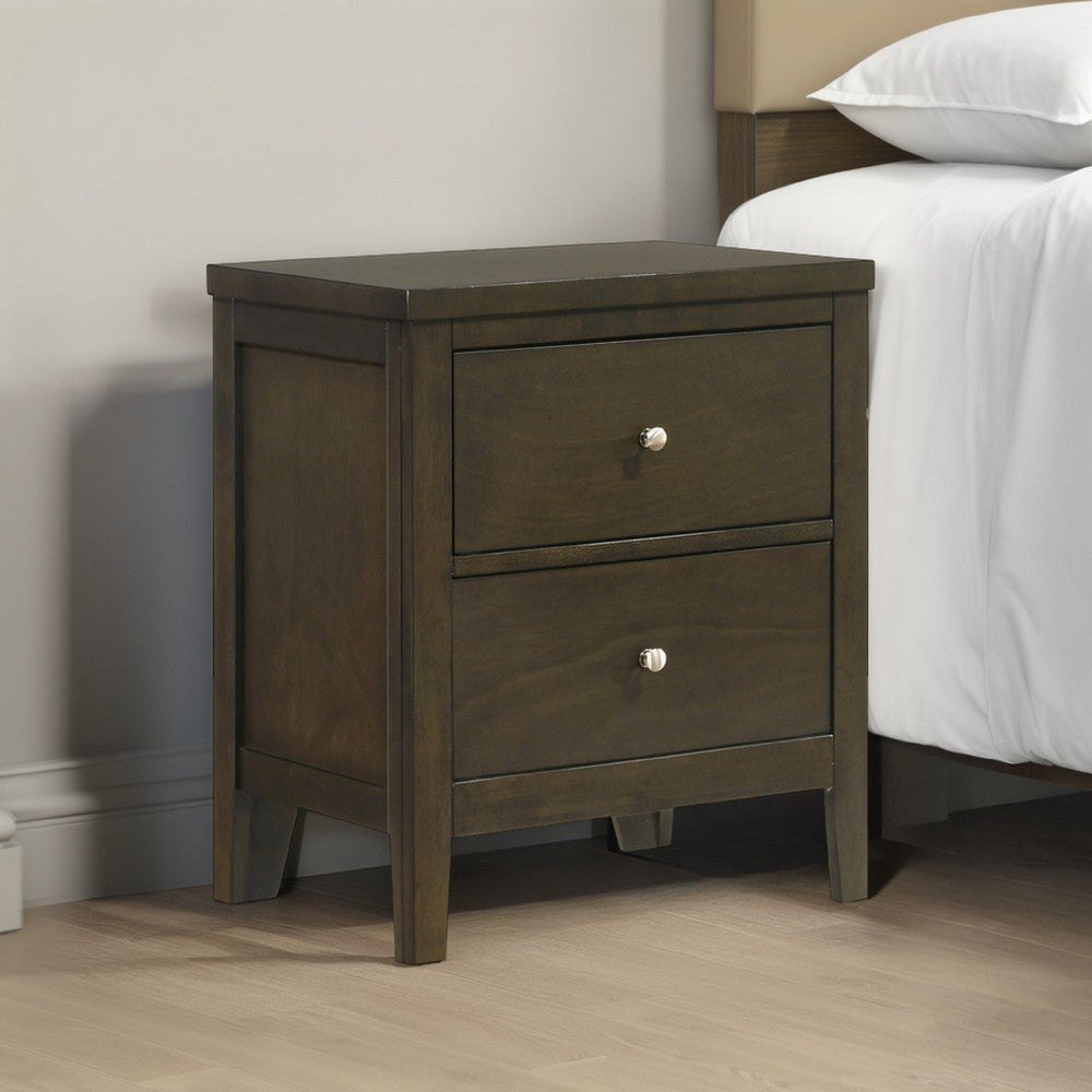 Benjara Wily Nightstand, Dark Brown Wood, 2 Drawers with Round Nickel Knobs
