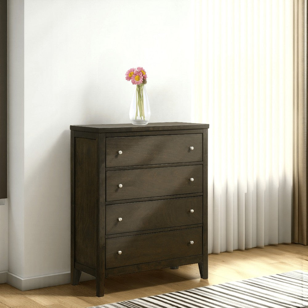 Benjara Wily Tall Dresser Chest, Dark Brown Wood, 4 Drawer, Round Nickel Knobs