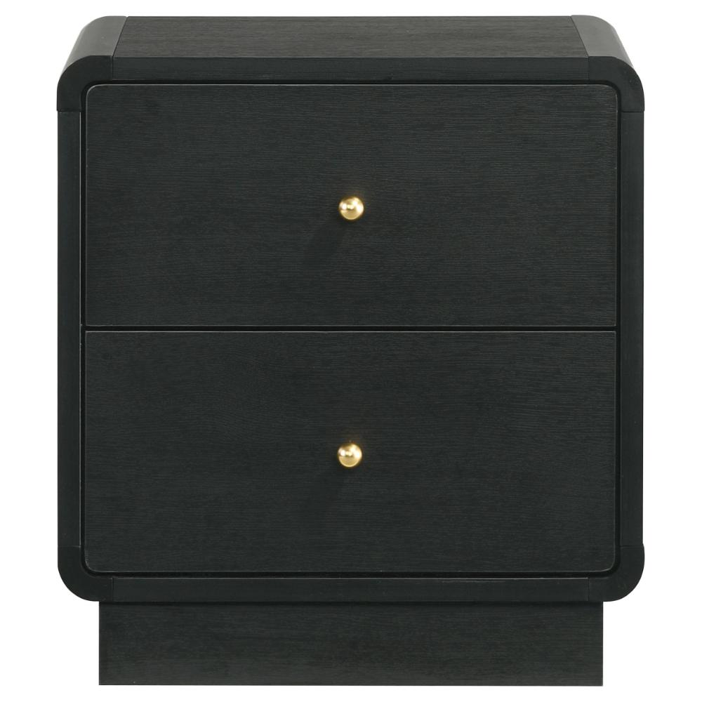 Benjara Cavy Nightstand, 2 Storage Drawers, Black Wood, Round Gold Knobs