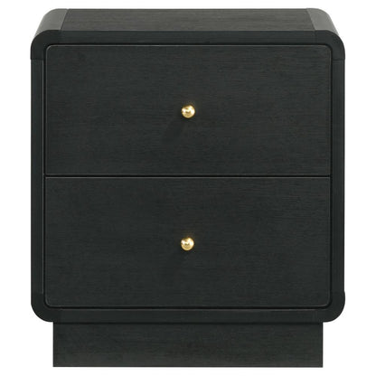 Benjara Cavy Nightstand, 2 Storage Drawers, Black Wood, Round Gold Knobs