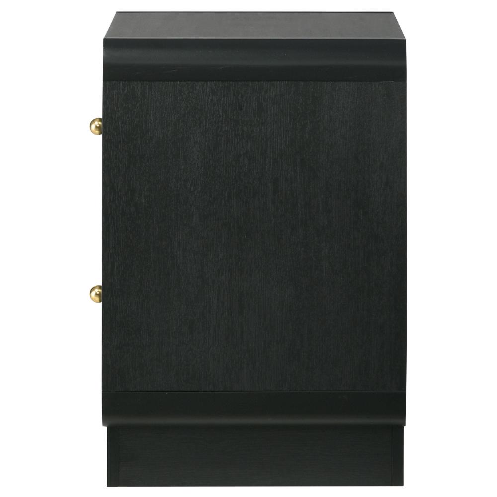 Benjara Cavy Nightstand, 2 Storage Drawers, Black Wood, Round Gold Knobs