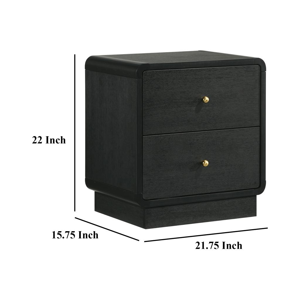 Benjara Cavy Nightstand, 2 Storage Drawers, Black Wood, Round Gold Knobs