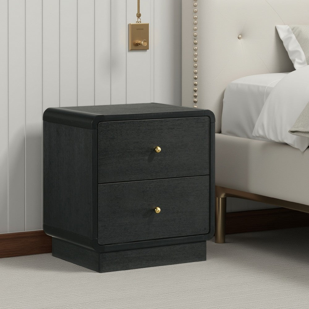 Benjara Cavy Nightstand, 2 Storage Drawers, Black Wood, Round Gold Knobs