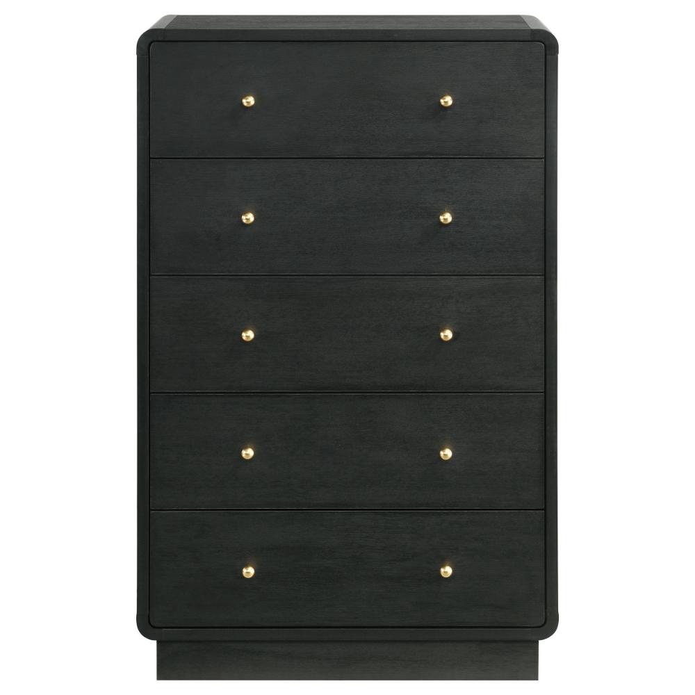 Benjara Cavy Tall Dresser Chest, 6 Drawers, Black Wood, Round Gold Knobs