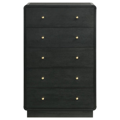 Benjara Cavy Tall Dresser Chest, 6 Drawers, Black Wood, Round Gold Knobs