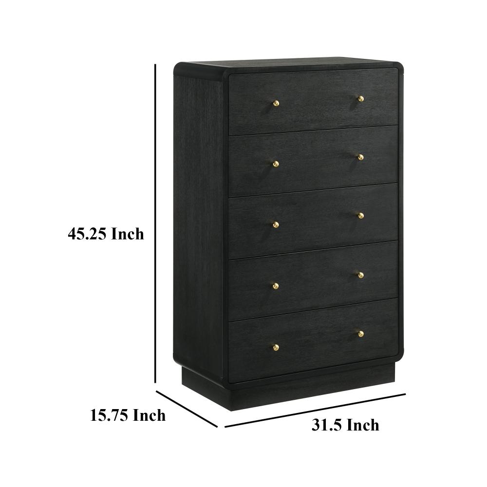Benjara Cavy Tall Dresser Chest, 6 Drawers, Black Wood, Round Gold Knobs