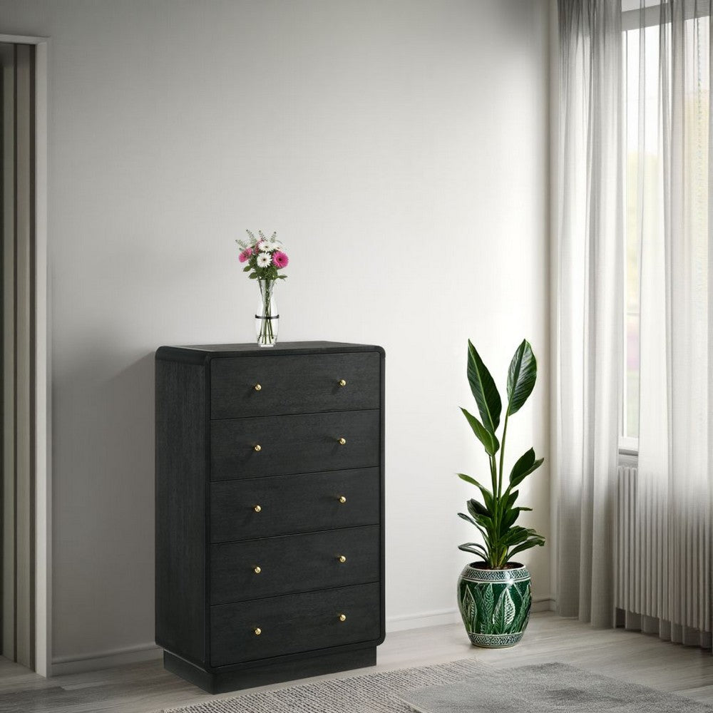 Benjara Cavy Tall Dresser Chest, 6 Drawers, Black Wood, Round Gold Knobs