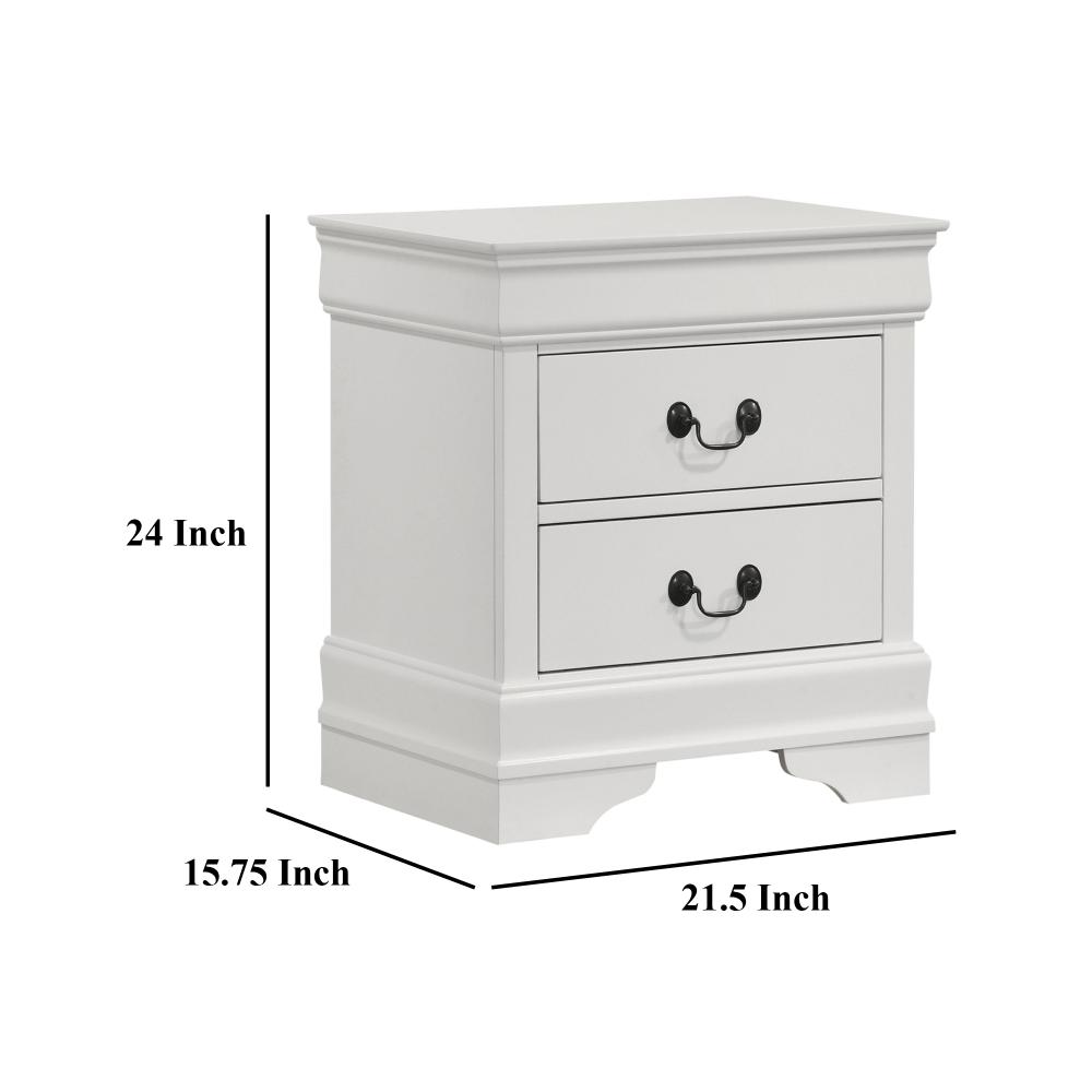 Benjara Nim Nightstand, 2 Storage Drawers, 24 Inch, Classic White Molded Trim