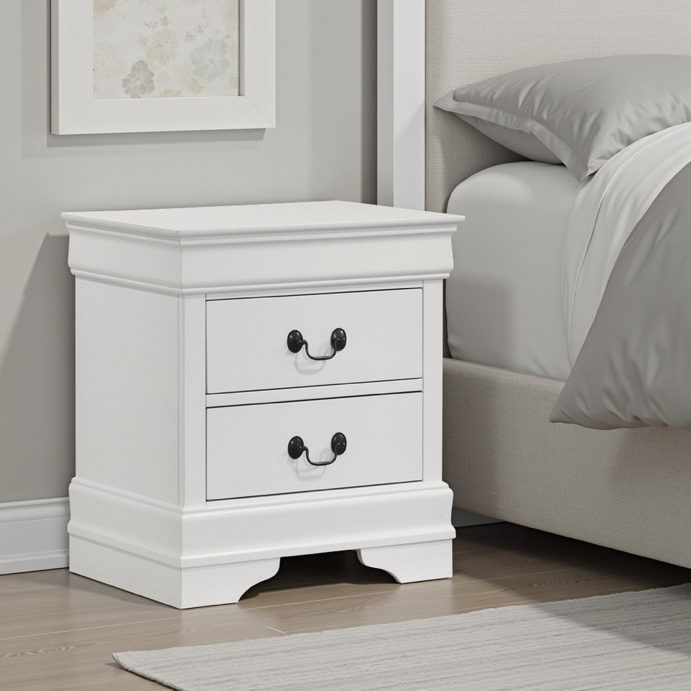 Benjara Nim Nightstand, 2 Storage Drawers, 24 Inch, Classic White Molded Trim
