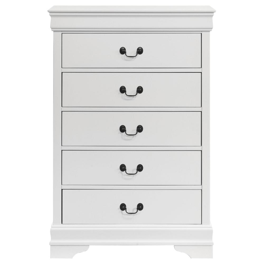 Benjara Nim Tall Dresser Chest, 5 Storage Drawers, Classic White Molded Trim