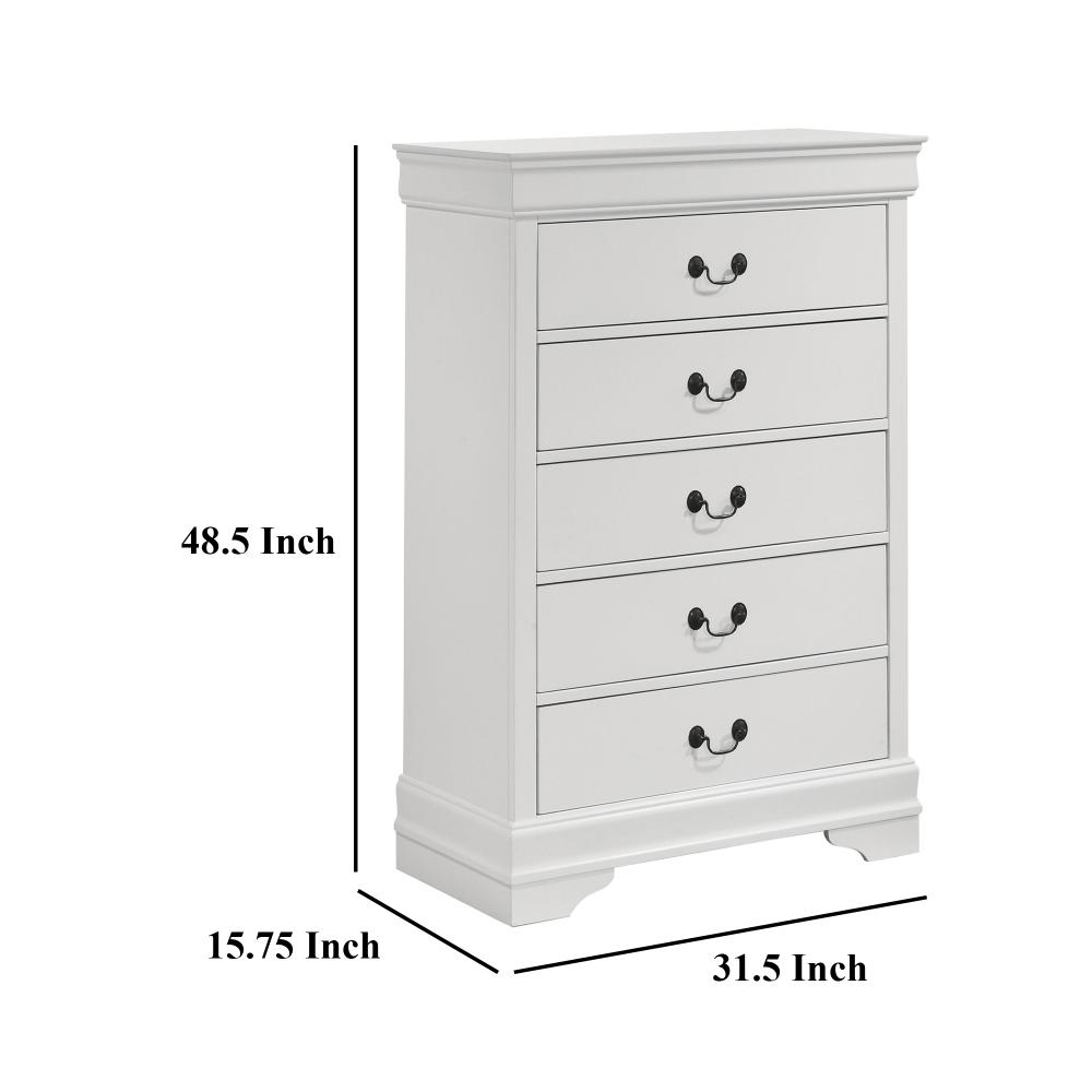 Benjara Nim Tall Dresser Chest, 5 Storage Drawers, Classic White Molded Trim