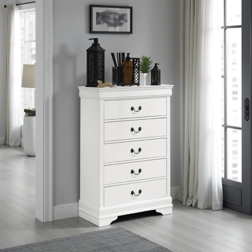 Benjara Nim Tall Dresser Chest, 5 Storage Drawers, Classic White Molded Trim