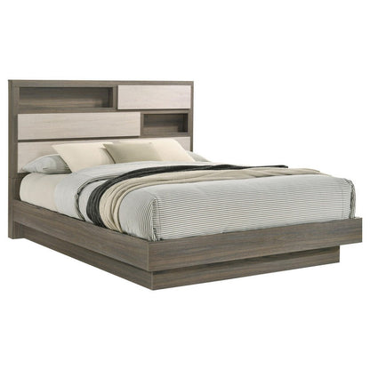 Benjara Fene Queen Size Bed, Bookcase Headboard, Wood Gray, Hidden Storage