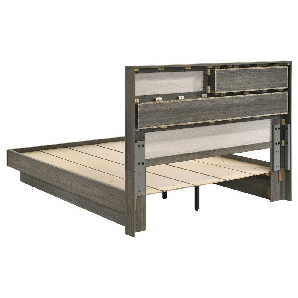 Benjara Fene Queen Size Bed, Bookcase Headboard, Wood Gray, Hidden Storage
