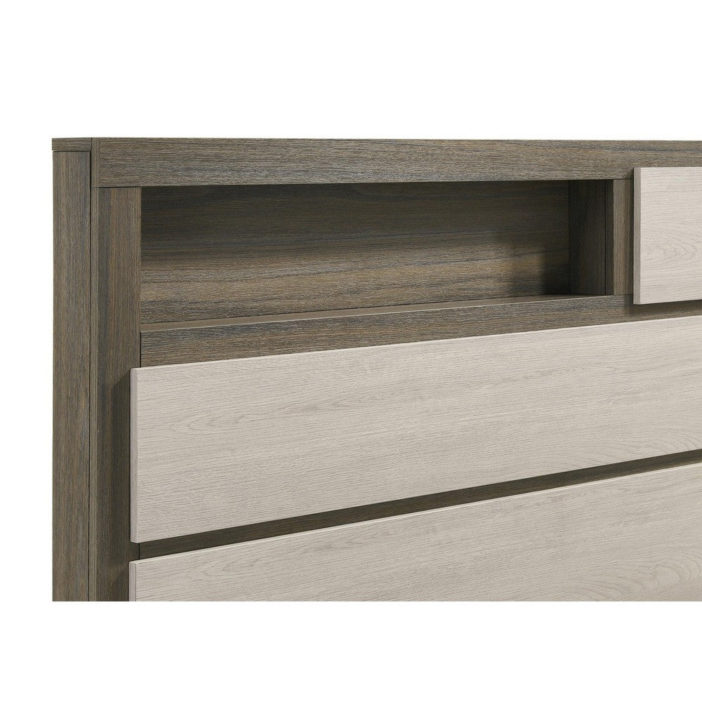 Benjara Fene Queen Size Bed, Bookcase Headboard, Wood Gray, Hidden Storage