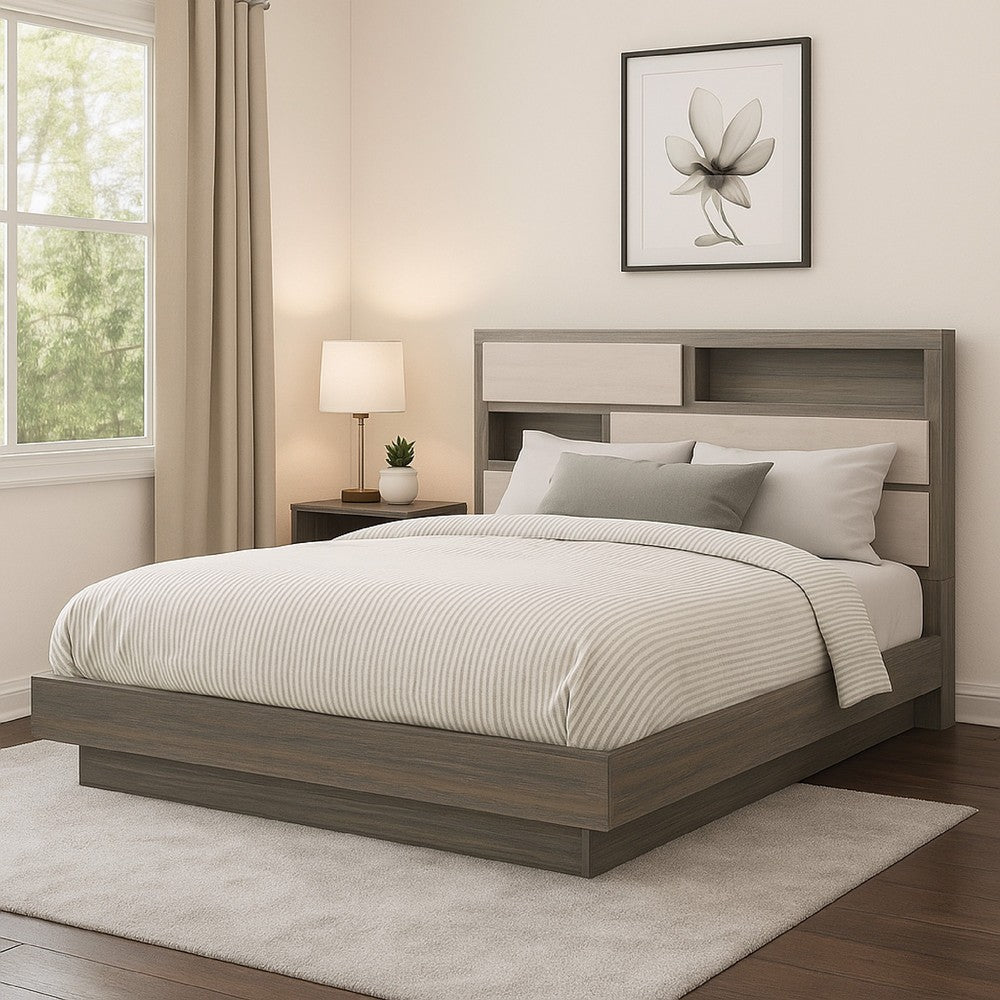 Benjara Fene Queen Size Bed, Bookcase Headboard, Wood Gray, Hidden Storage