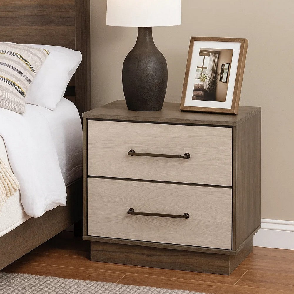 Benjara Fene Nightstand, 2 Storage Drawers with Nickel Handles, 24 Inch Gray