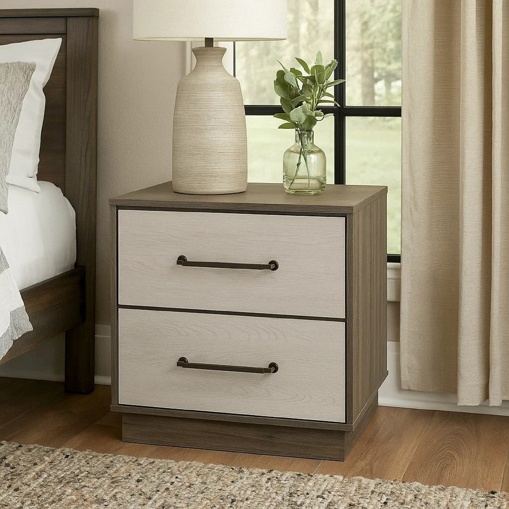 Benjara Fene Nightstand, 2 Storage Drawers with Nickel Handles, 24 Inch Gray