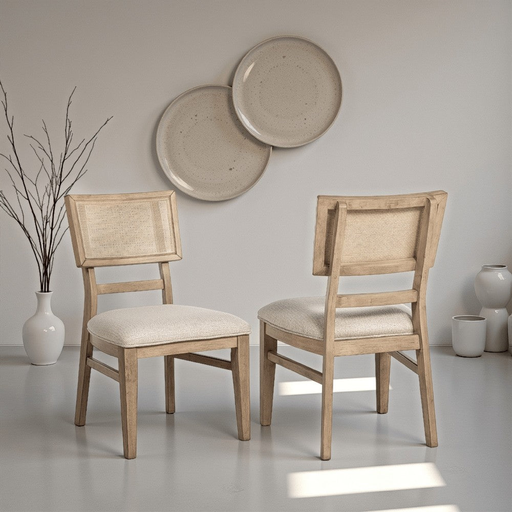 Benjara Lno Dining Side Chair Set of 2, Radio Cane Woven Back, Beige Wood