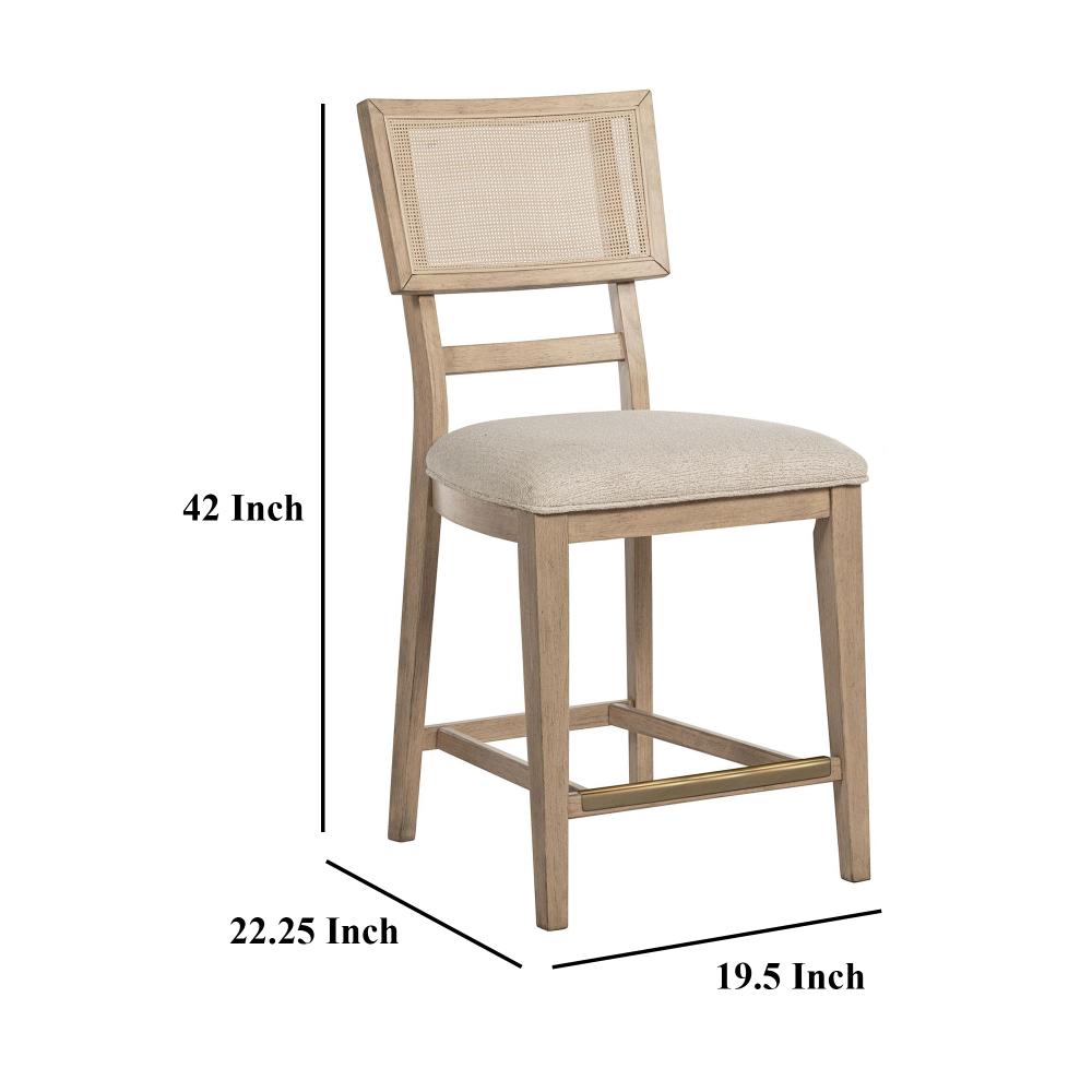 Benjara Lno Counter Dining Side Chair Set of 2, Rattan Woven Back, Beige Wood