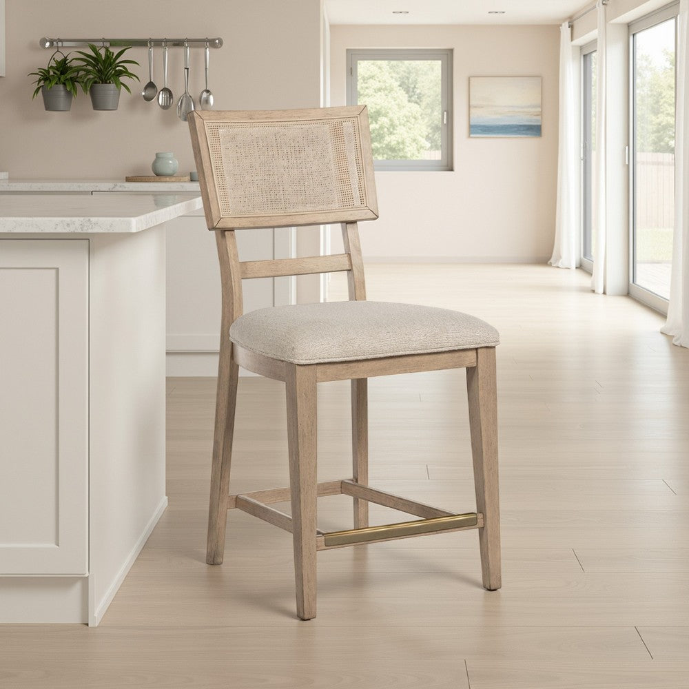 Benjara Lno Counter Dining Side Chair Set of 2, Rattan Woven Back, Beige Wood