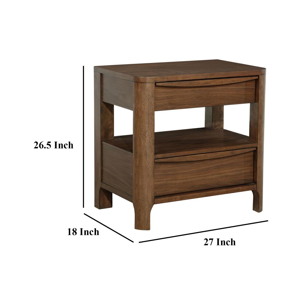 Benjara Rie Nightstand w 2 Drawers And Lower Shelf, Walnut Brown Poplar Wood