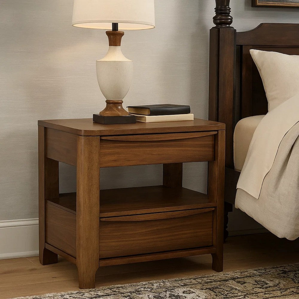 Benjara Rie Nightstand w 2 Drawers And Lower Shelf, Walnut Brown Poplar Wood