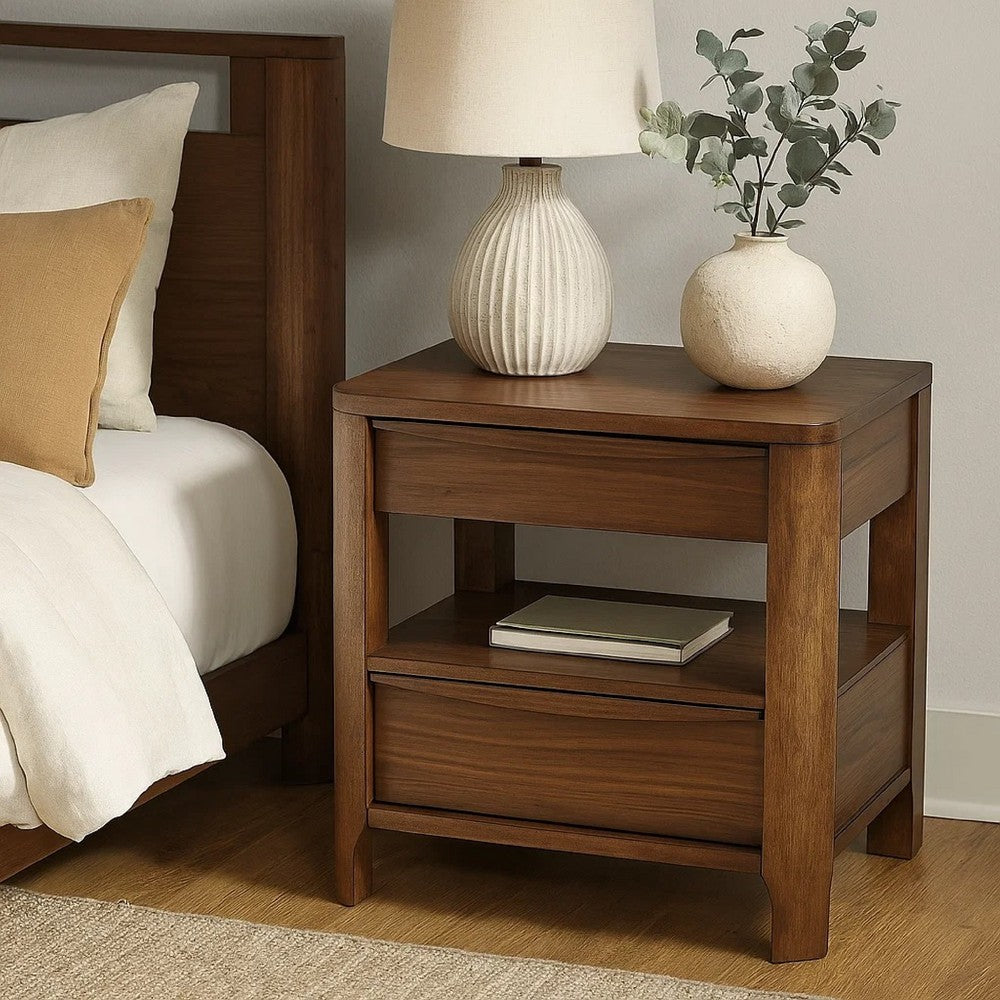 Benjara Rie Nightstand w 2 Drawers And Lower Shelf, Walnut Brown Poplar Wood