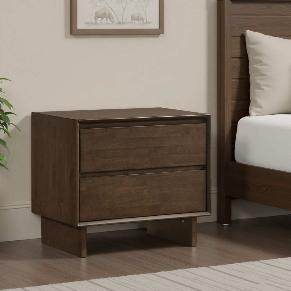 Benjara Genu Nightstand, 2 Drawers w Fingertip Handles, Warm Walnut Brown