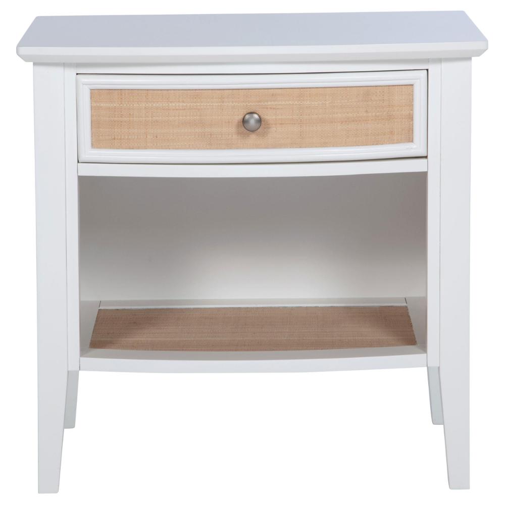 Benjara Heo Nightstand, 1 Brown Rattan Woven Drawer, Open Shelf, White Wood
