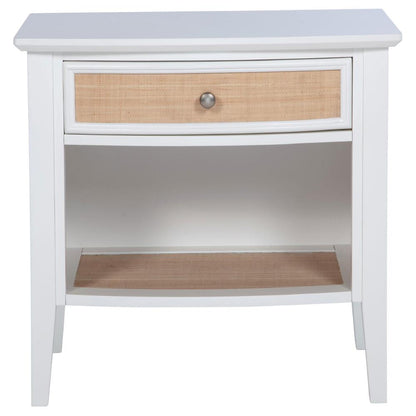 Benjara Heo Nightstand, 1 Brown Rattan Woven Drawer, Open Shelf, White Wood