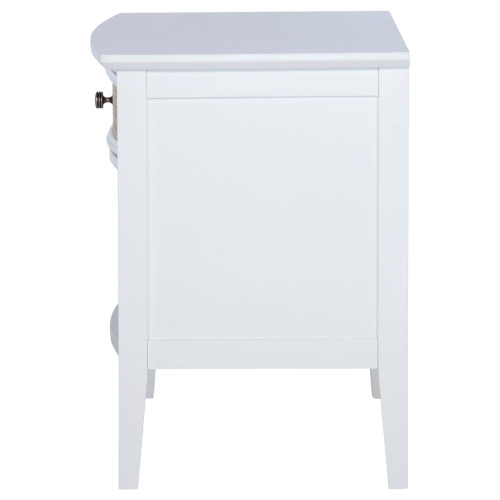 Benjara Heo Nightstand, 1 Brown Rattan Woven Drawer, Open Shelf, White Wood