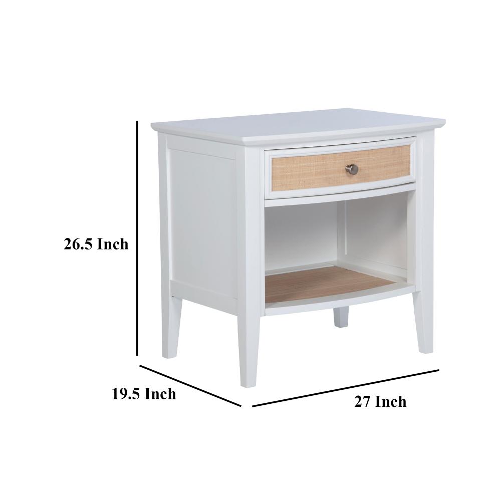 Benjara Heo Nightstand, 1 Brown Rattan Woven Drawer, Open Shelf, White Wood