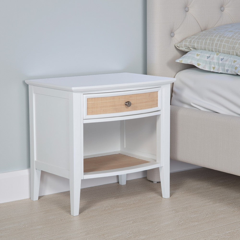 Benjara Heo Nightstand, 1 Brown Rattan Woven Drawer, Open Shelf, White Wood